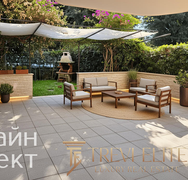 Современная терраса с уютной зоной отдыха, кресла и диван, окруженная цветущими кустарниками и зеленью, с зонтом для защиты от солнца, стильный дизайн для комфортной жизни на улице.