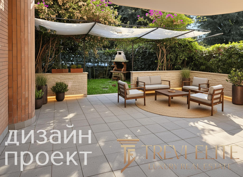 Современная терраса с уютной зоной отдыха, кресла и диван, окруженная цветущими кустарниками и зеленью, с зонтом для защиты от солнца, стильный дизайн для комфортной жизни на улице.