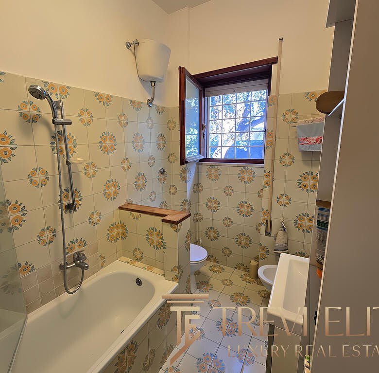 Высококачественная ванная комната с мозаичной плиткой в стиле 70-х годов, ванной с душевой кабиной, окном с видом на сад, идеально подходит для уютных домашних моментов.