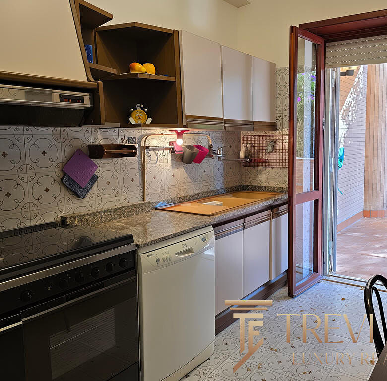 Скидированная кухня с выходом на террасу, современные кухонные шкафы, бытовая техника и декоративные элементы, создающие уют.