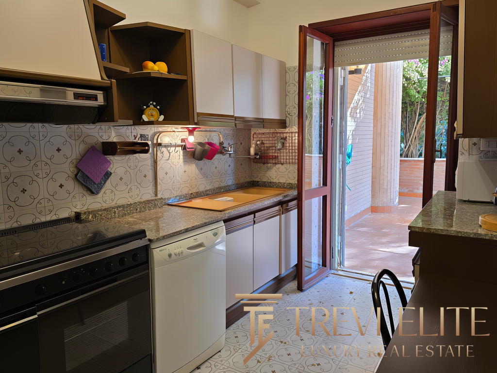 Скидированная кухня с выходом на террасу, современные кухонные шкафы, бытовая техника и декоративные элементы, создающие уют.