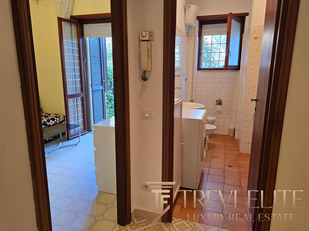 Вид из коридора в ванную комнату и балкон с видом на зеленый сад, оформленный в классическом стиле, с деревянными окнами и кафелем на полу, идеально подходит для комфортного проживания.