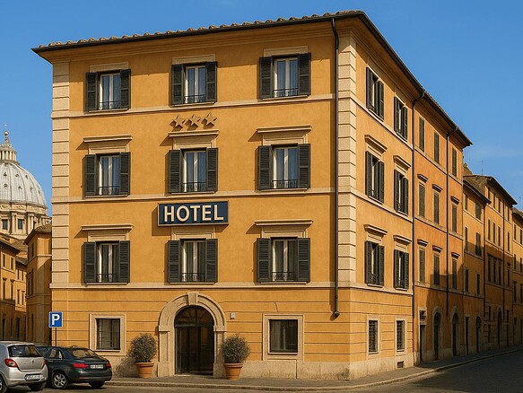 Современный отель с классическим дизайном, многоэтажное жилое здание с балконами и шале. Отличное расположение в живописном районе с исторической атмосферой. Идеально для туристов и деловых гостей.