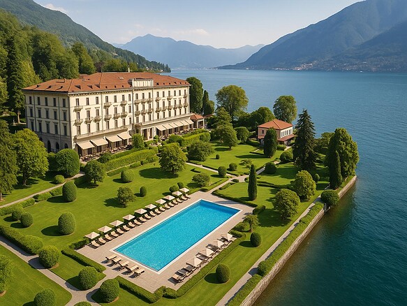 Роскошный отель на берегу озера с видом на горы, окружённый зелёными садами и бассейном, идеально для отдыха и проживания в живописной природе.