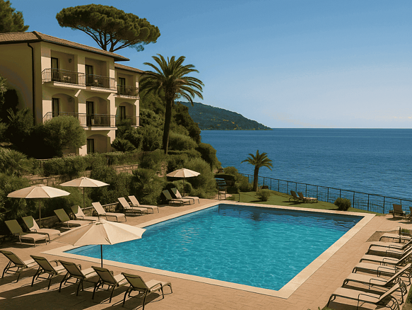 Бассейн с лежаками и зонтиками на фоне моря и гор, у элитного жилого комплекса, окруженного зеленью, на берегу Черного моря.