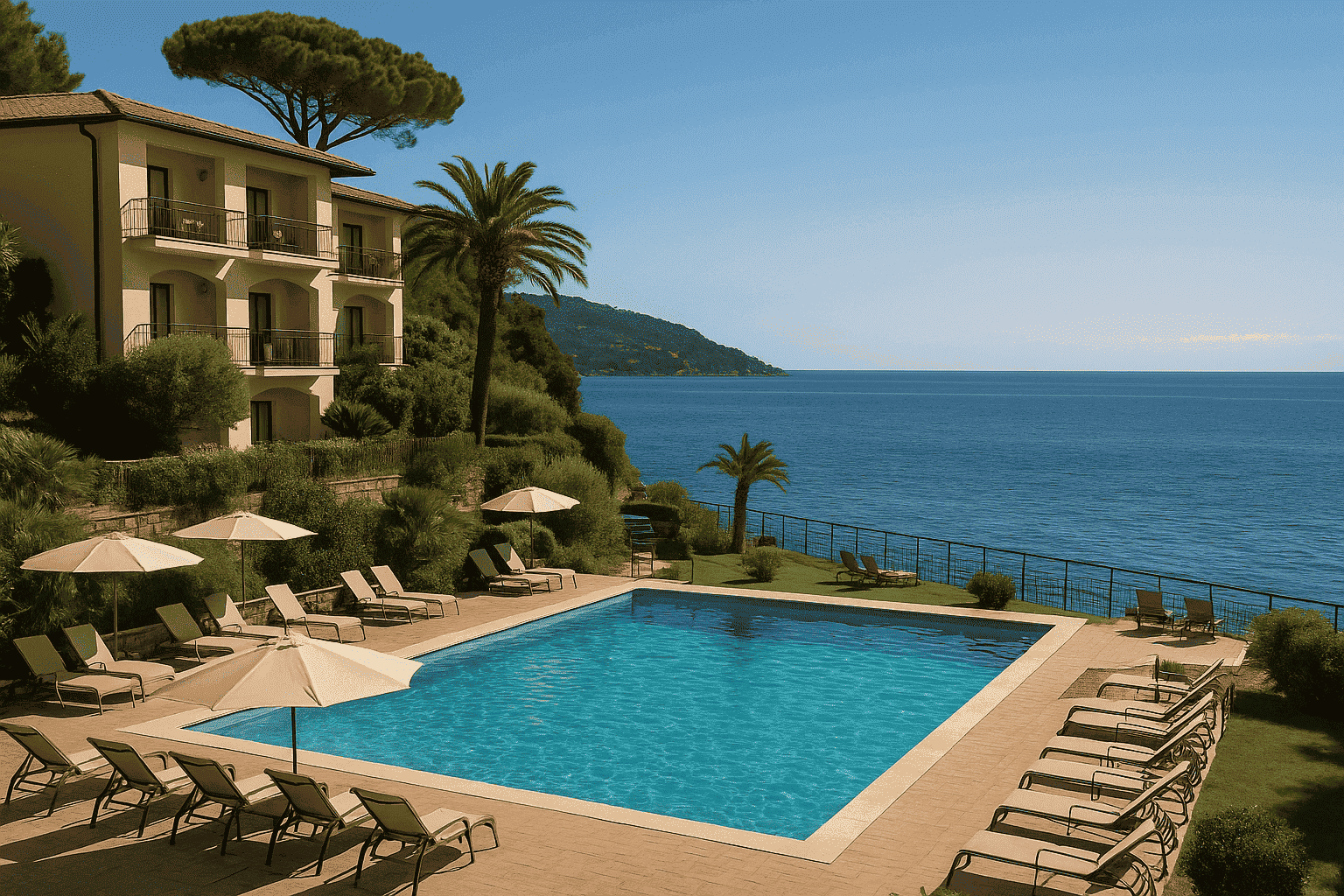 Бассейн с лежаками и зонтиками на фоне моря и гор, у элитного жилого комплекса, окруженного зеленью, на берегу Черного моря.